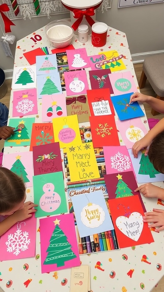 Handmade Christmas cards with festive designs made by children, displayed on a crafting table.